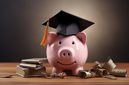 Piggy bank with graduation cap and diploma. Education concept.の素材