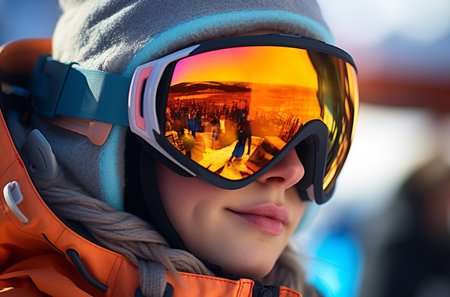 Close-up portrait of a girl in a ski suit and goggles.の素材