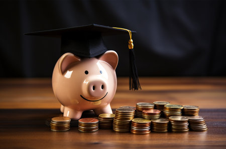 Piggy bank with graduation cap and coins on wooden table.の素材