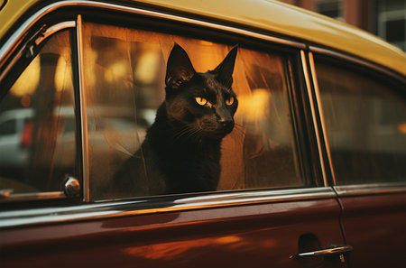 Black cat looking out of the window of an old car in the cityの素材