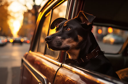 Cute dog looking out the window of a car and waiting for a taxi.の素材