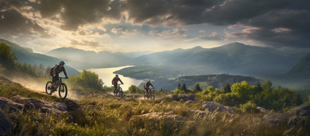 Mountain bikers on the trail in the mountains at sunset, panoramaの素材