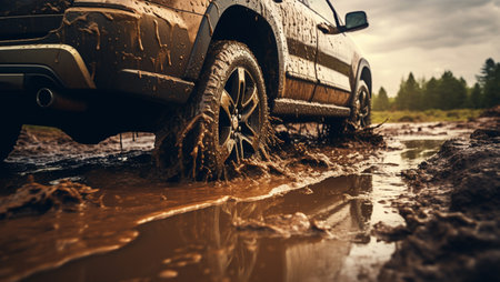 Off-road vehicle on muddy road during mud storm in the forestの素材