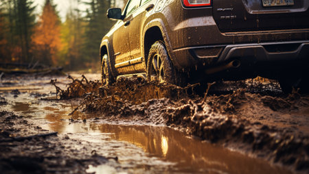 Off-road car rides through the mud in the autumn forest.の素材