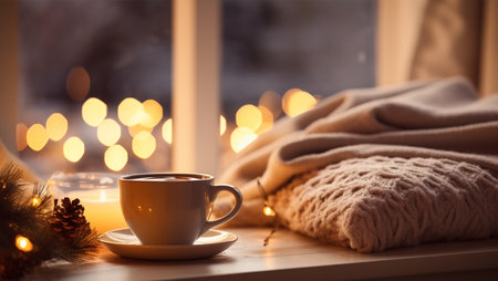 Cup of coffee with warm plaid on windowsill in roomの素材