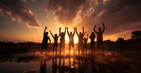 Silhouette of a group of young people dancing at sunset.の素材