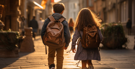 Back view of two little children, boy and girl, with backpacks and backpacks, walking on the street at sunsetの素材