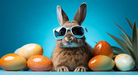Cute easter bunny in sunglasses with colorful eggs on blue backgroundの素材