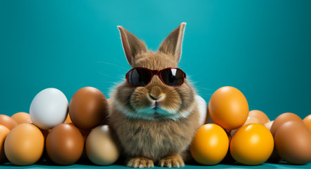 Easter bunny and eggs on blue background. 3d illustration.の素材