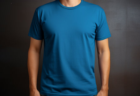 Man in blank blue t-shirt on dark background. Mock upの素材