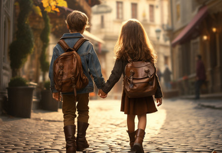 Back view of a boy and girl with backpacks walking on the street.の素材