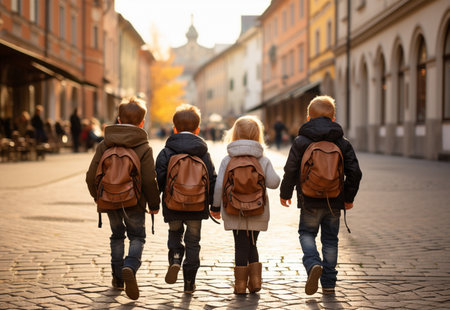 Three little boys with backpacks walking on the street of old townの素材