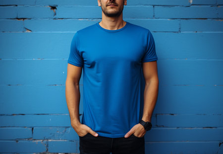 man in blue t-shirt on blue brick wall background, studio shotの素材