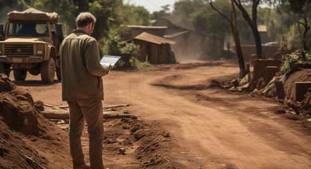 A young man using a tablet computer on a dirt road in Africaの素材