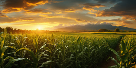 Sunset over a corn field with mountains in the background. Agricultural landscape.の素材