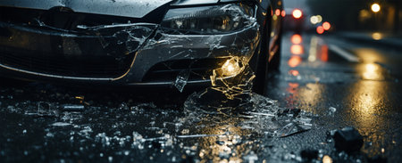 Car crash on the road at night. Broken car on the street.の素材