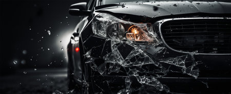 Car with broken glass on dark background. Mixed media. Mixed mediaの素材