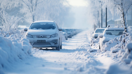 Car on the road covered with snow in winter, Moscow, Russiaの素材