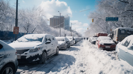 Traffic jam in the city after heavy snowfall in winter.の素材