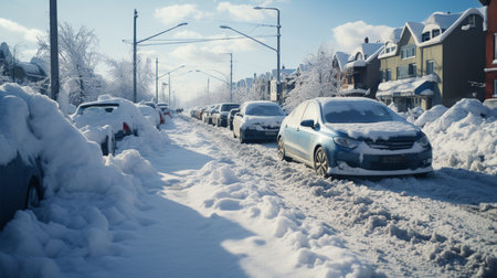 Cars covered with snow in a residential area in the winter.の素材