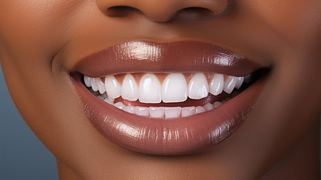 Close-up of smiling woman with healthy teeth. Teeth whitening conceptの素材