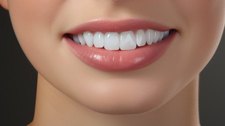 Close-up of female lips with white teeth. Dentistry conceptの素材