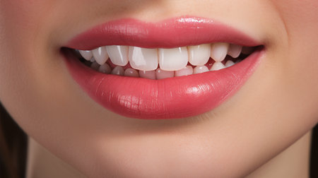 Close up of beautiful female lips with perfect white teeth. Teeth whitening conceptの素材