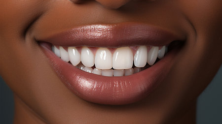 Close-up of beautiful female smile with healthy white teeth. Studio shot.の素材