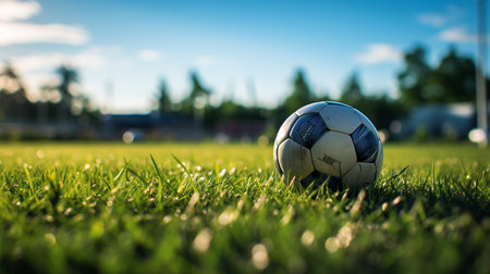 Soccer ball on the green grass in the stadium with blurred backgroundの素材