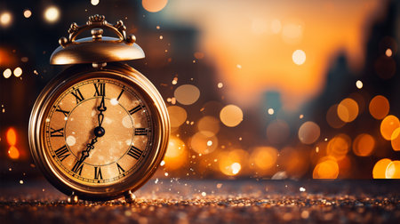 Golden antique alarm clock on bokeh background. New Year conceptの素材