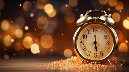 Golden alarm clock on bokeh background. New Year concept.の素材