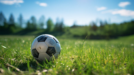 Soccer ball on the green grass, blue sky with clouds backgroundの素材