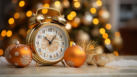 Alarm clock and Christmas decorations on table in room with blurred lightsの素材