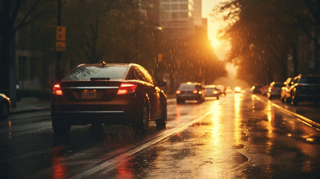 Car on the road during a heavy rain. Traffic in the city.の素材