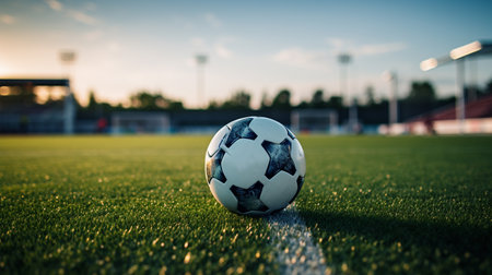 Soccer ball on the green field. Soccer ball on the football field.の素材