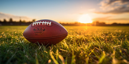 Rugby ball on green grass with sunset background. American footballの素材