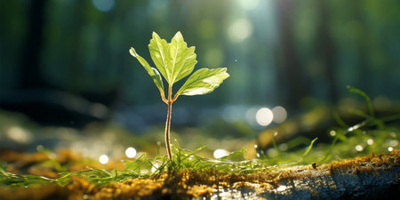 Young green sprout growing in the forest with bokeh backgroundの素材