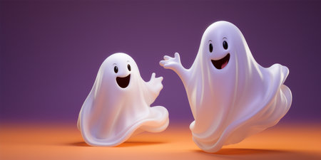 Two funny ghosts on a purple background, 3d rendering, horizontalの素材
