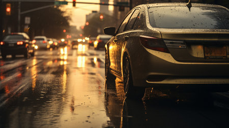 Car on the road in the rain. Shallow depth of fieldの素材