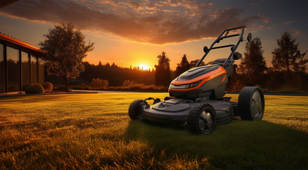 Lawn mower in front of the house. Landscape design.の素材