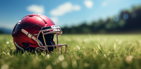American football helmet on green grass with copy space. 3D renderingの素材