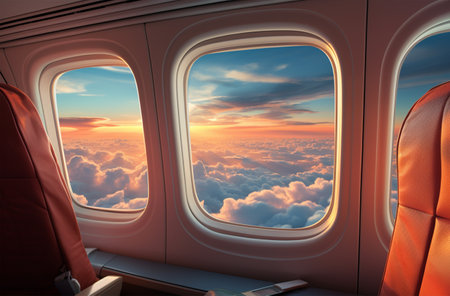 Airplane window view on clouds and sky. Travel concept. 3D Renderingの素材