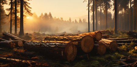 Pine trees in the forest at sunrise. Woodpile of logs in the forest.の素材