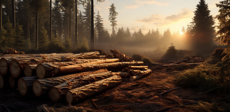 Wooden logs in the forest at sunrise, 3d render.の素材