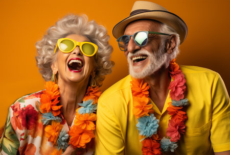 Cheerful senior couple posing on a yellow background. Beauty, fashion.の素材