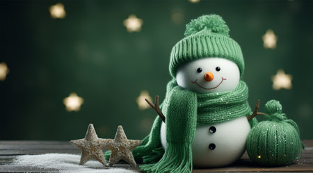 Snowman and christmas decoration on wooden table. Christmas background.の素材