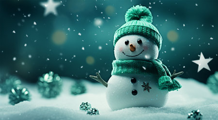 Snowman with green hat and scarf in the snow. Christmas background.の素材