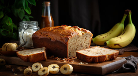 Banana bread on a wooden board, rustic style, selective focusの素材