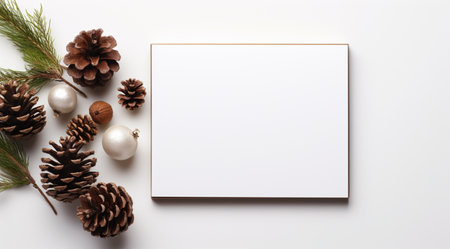 Christmas mockup with pine cones and christmas balls on white backgroundの素材