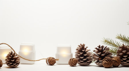 Christmas composition with candles, fir branches and cones on a white backgroundの素材